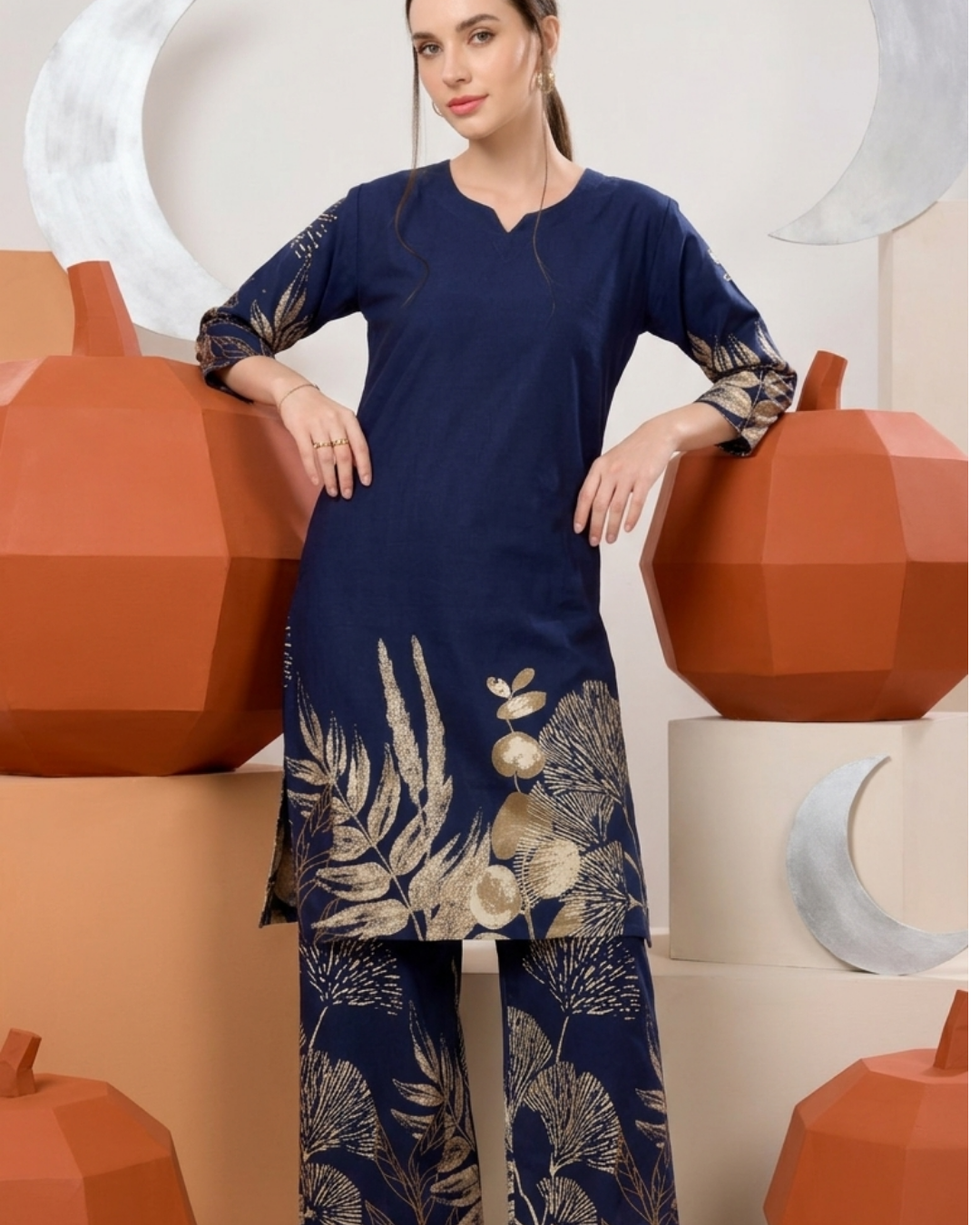 Botanical Print Cotton Kurta Pant Set
