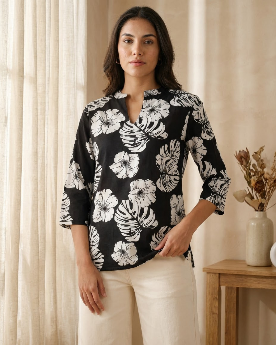 Black Floral Print Top