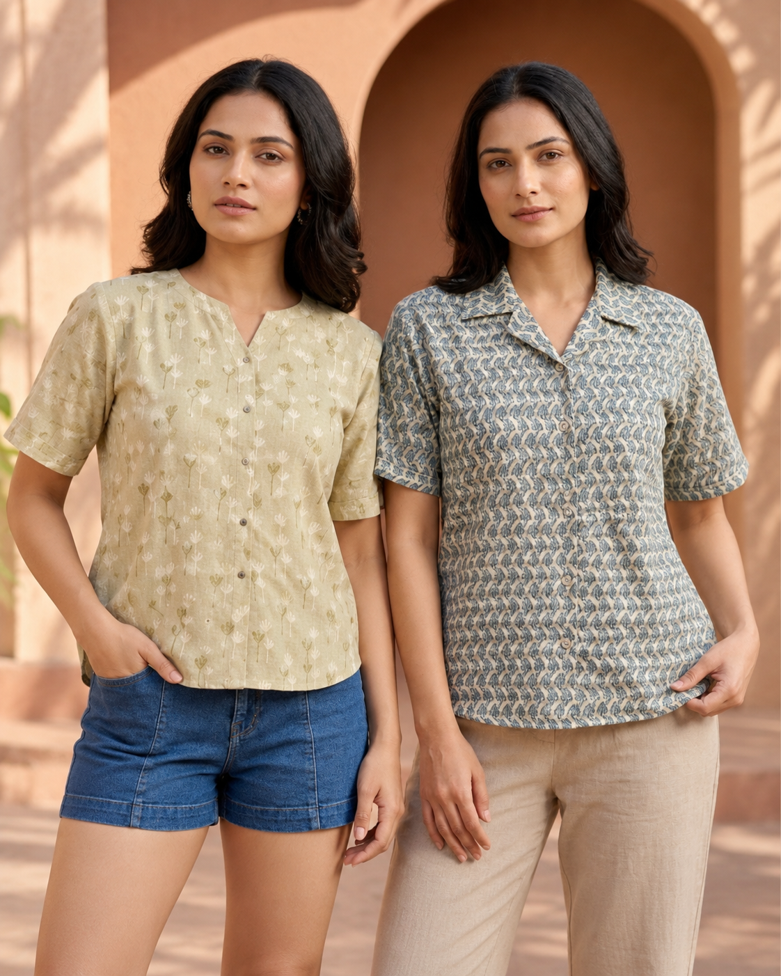 Printed Casual Women’s Shirt Collection – Cream & Blue Grey.