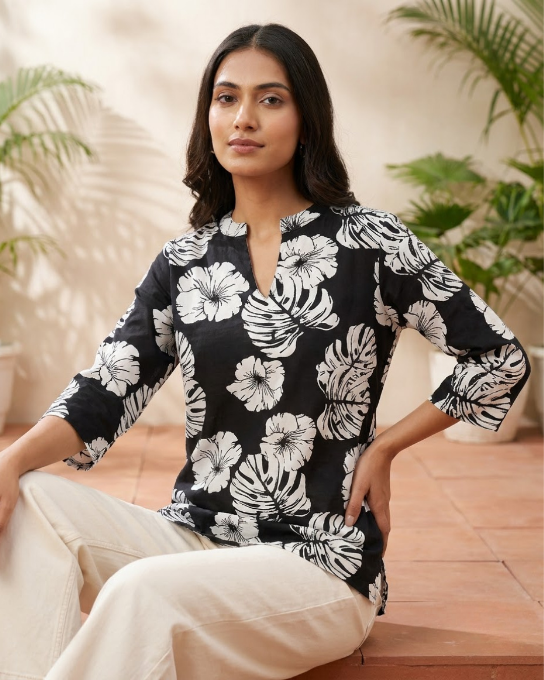 Black Floral Print Top
