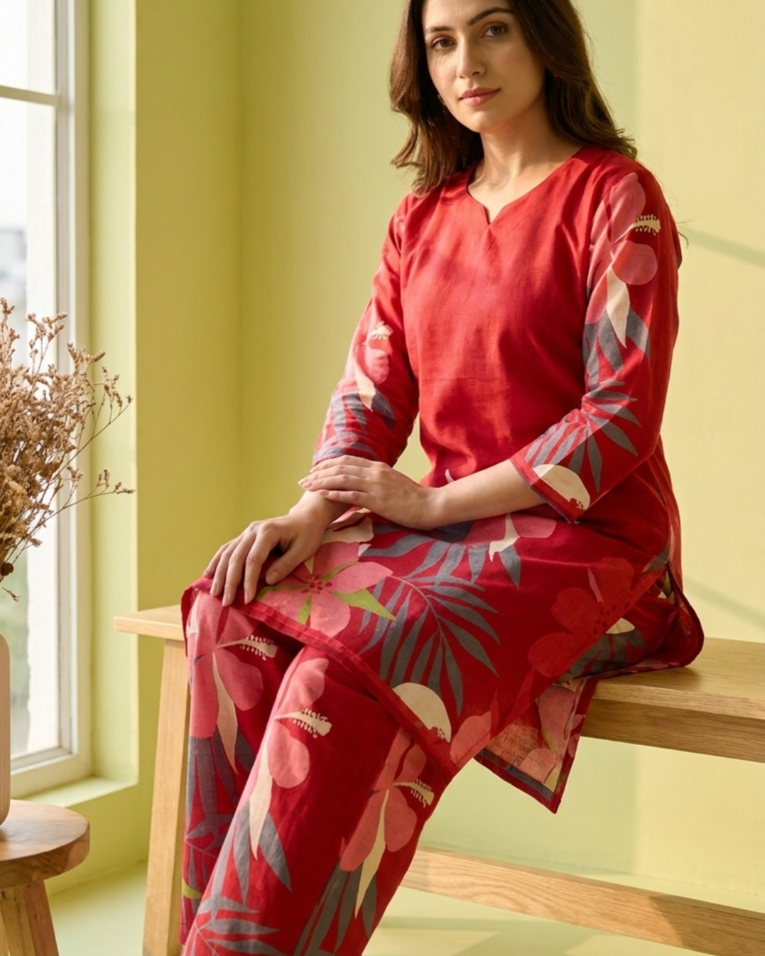 Floral Print Cotton Kurta Pant Set