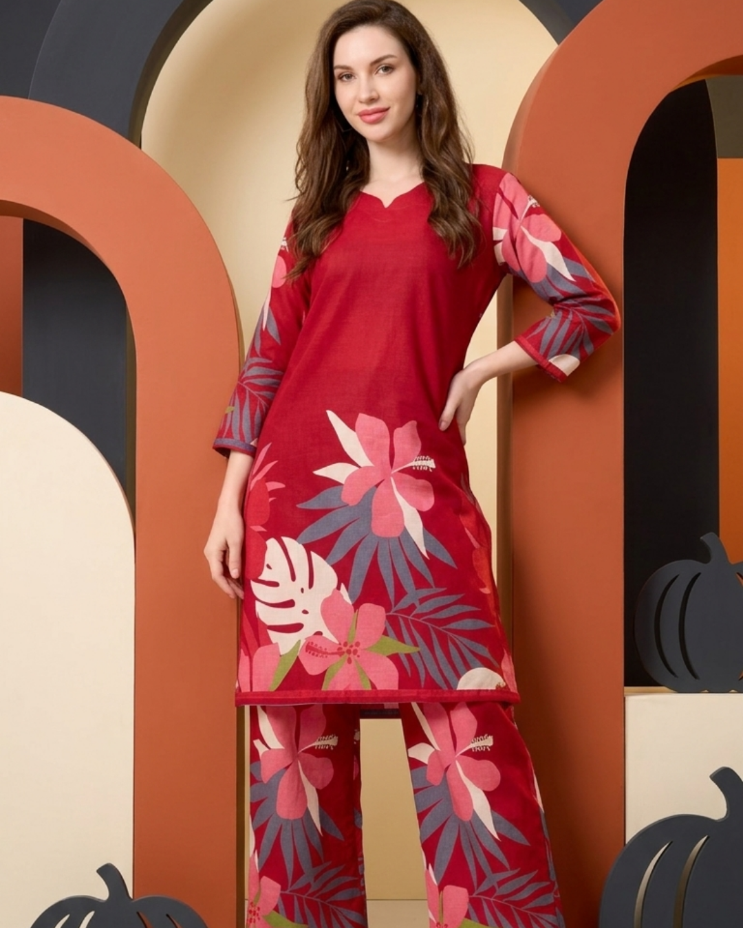 Floral Print Cotton Kurta Pant Set