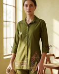 Olive Bird Motif Cotton Co-ord Set
