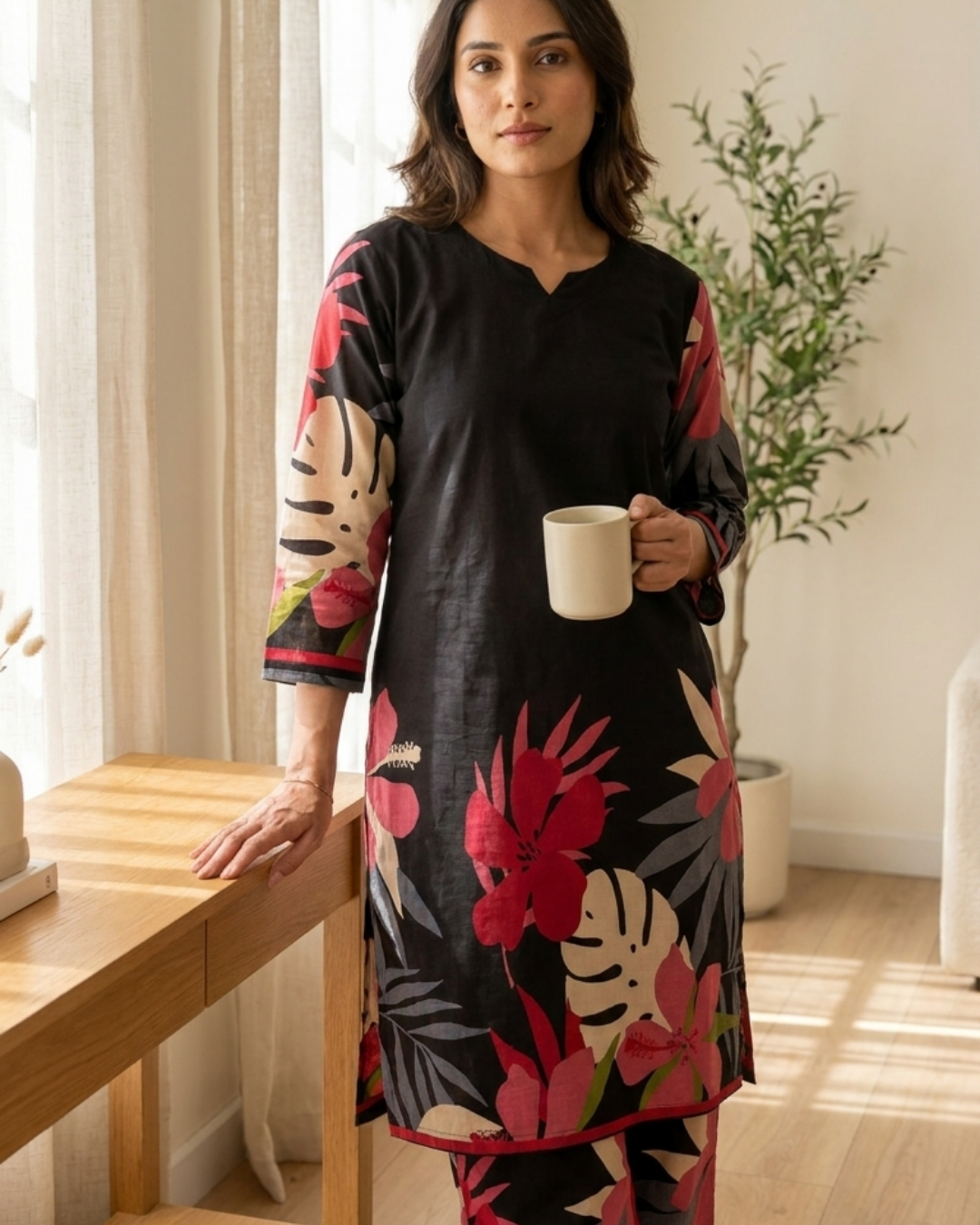 Floral Print Cotton Kurta Pant Set