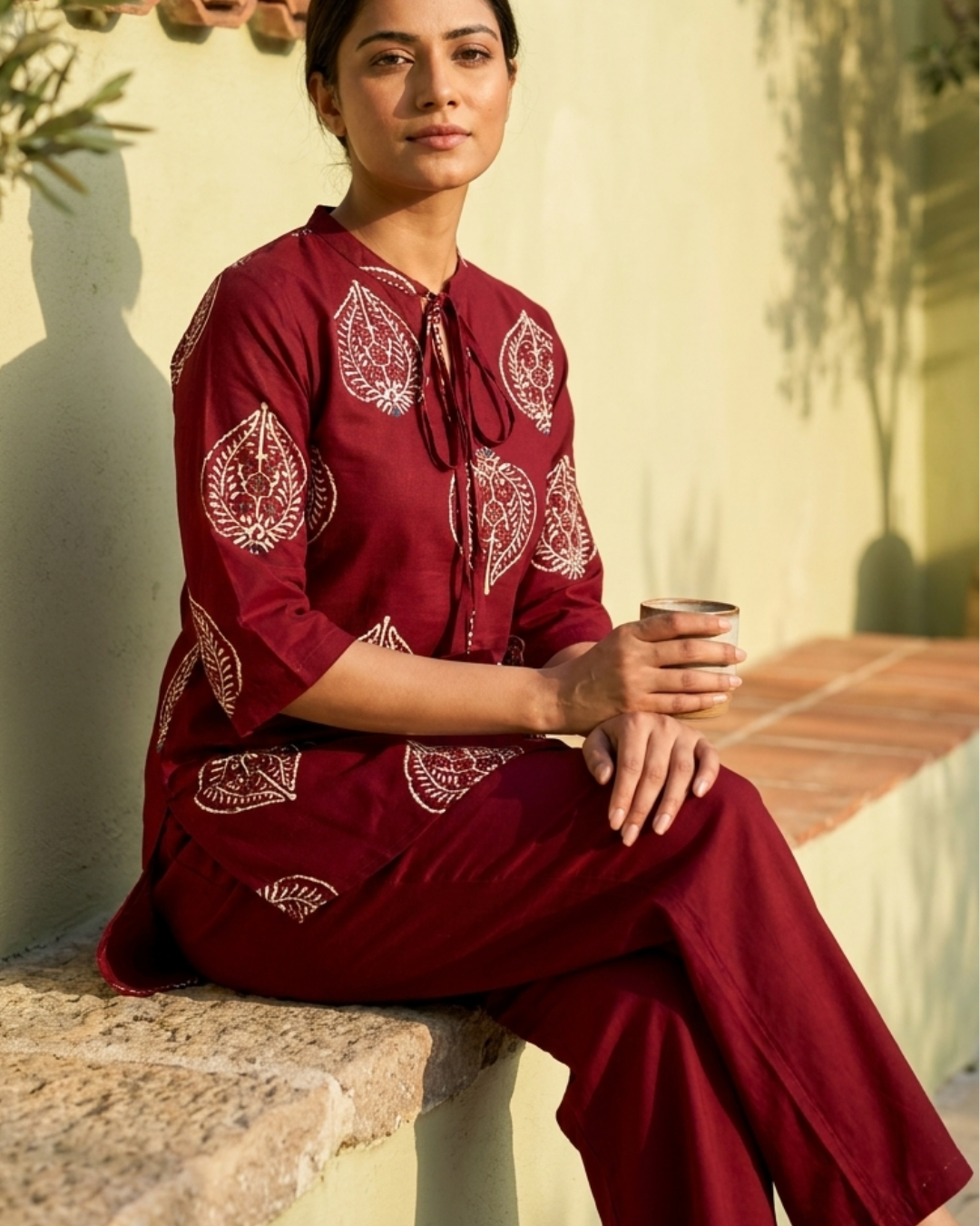 Leaf Print Cotton Kurta Pant Set