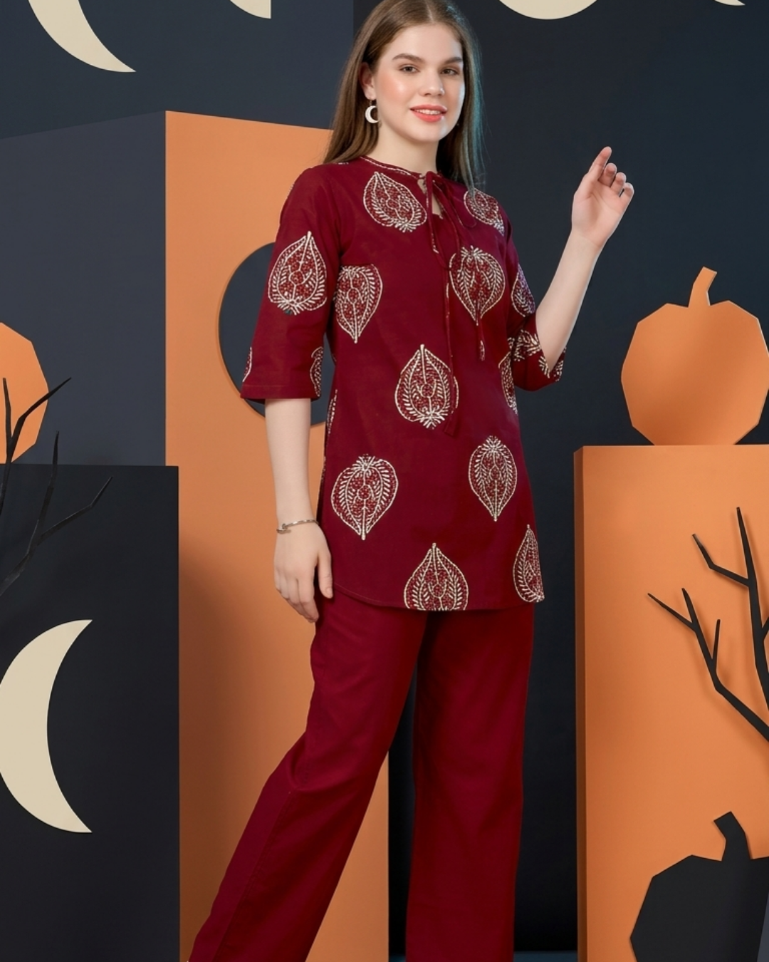 Leaf Print Cotton Kurta Pant Set