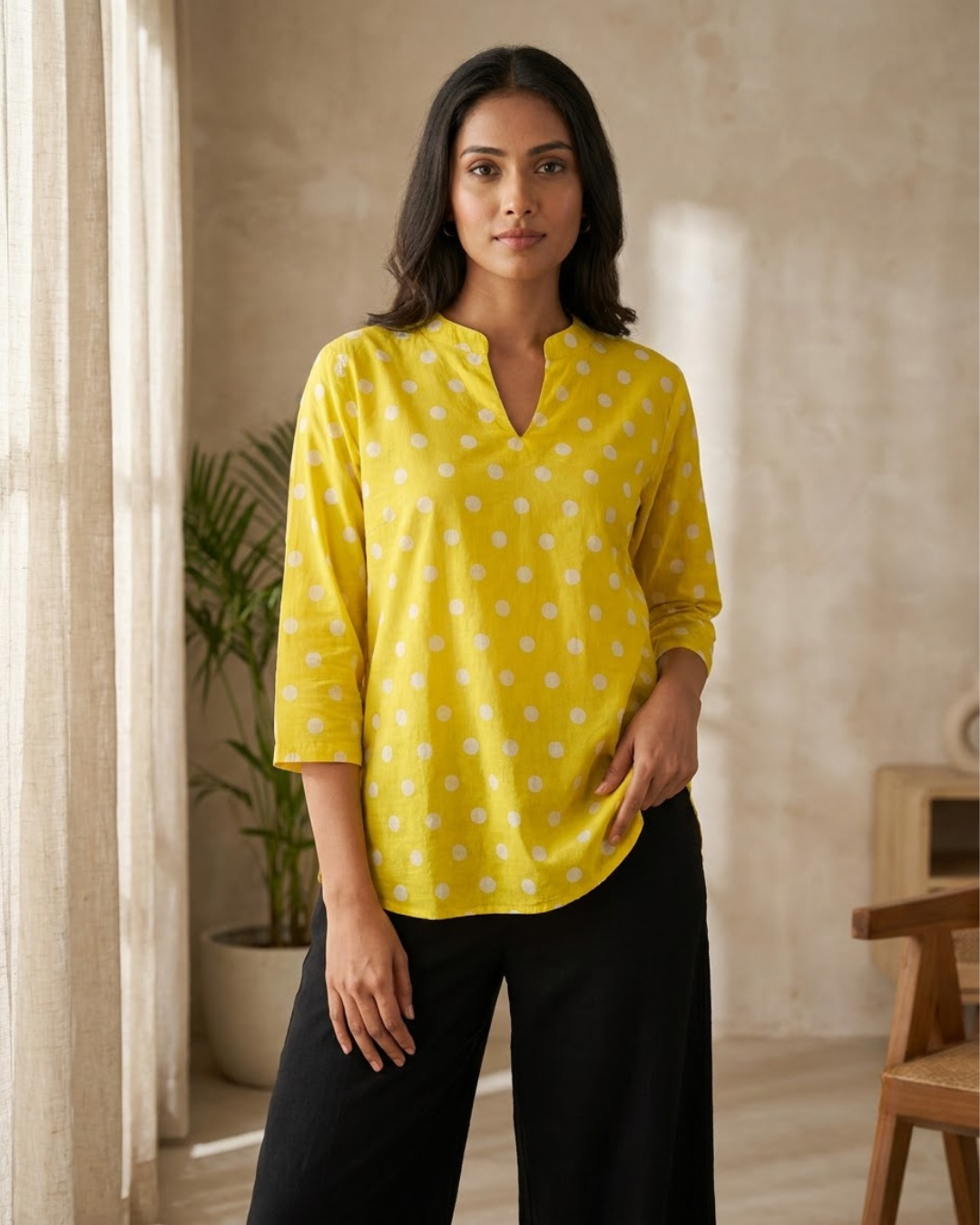 Yellow Polka Dot Notch Neck Top