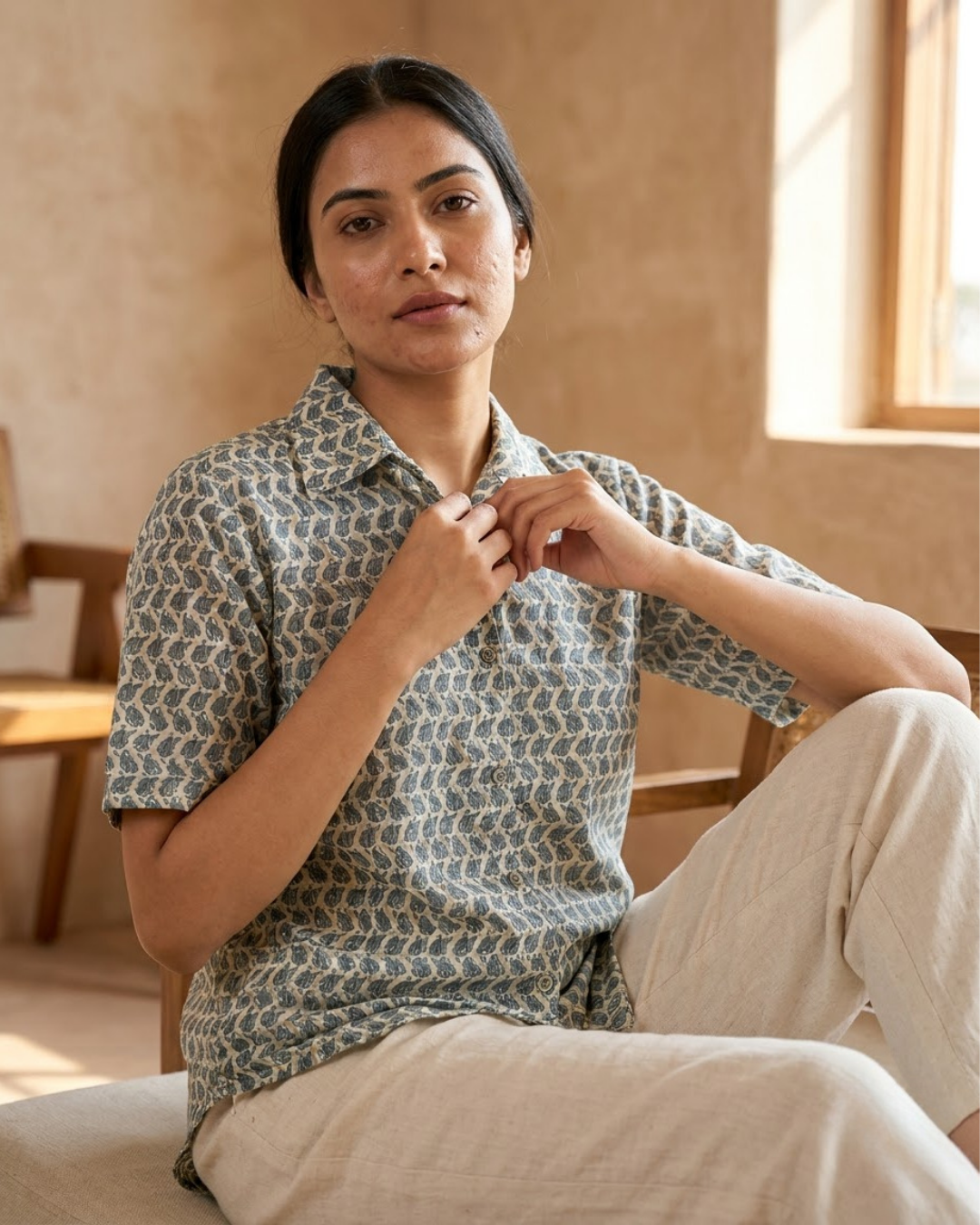Blue Geometric Wave Print Shirt