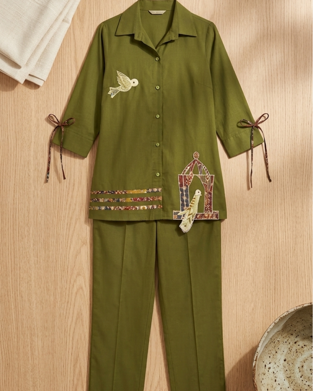 Olive Bird Motif Cotton Co-ord Set