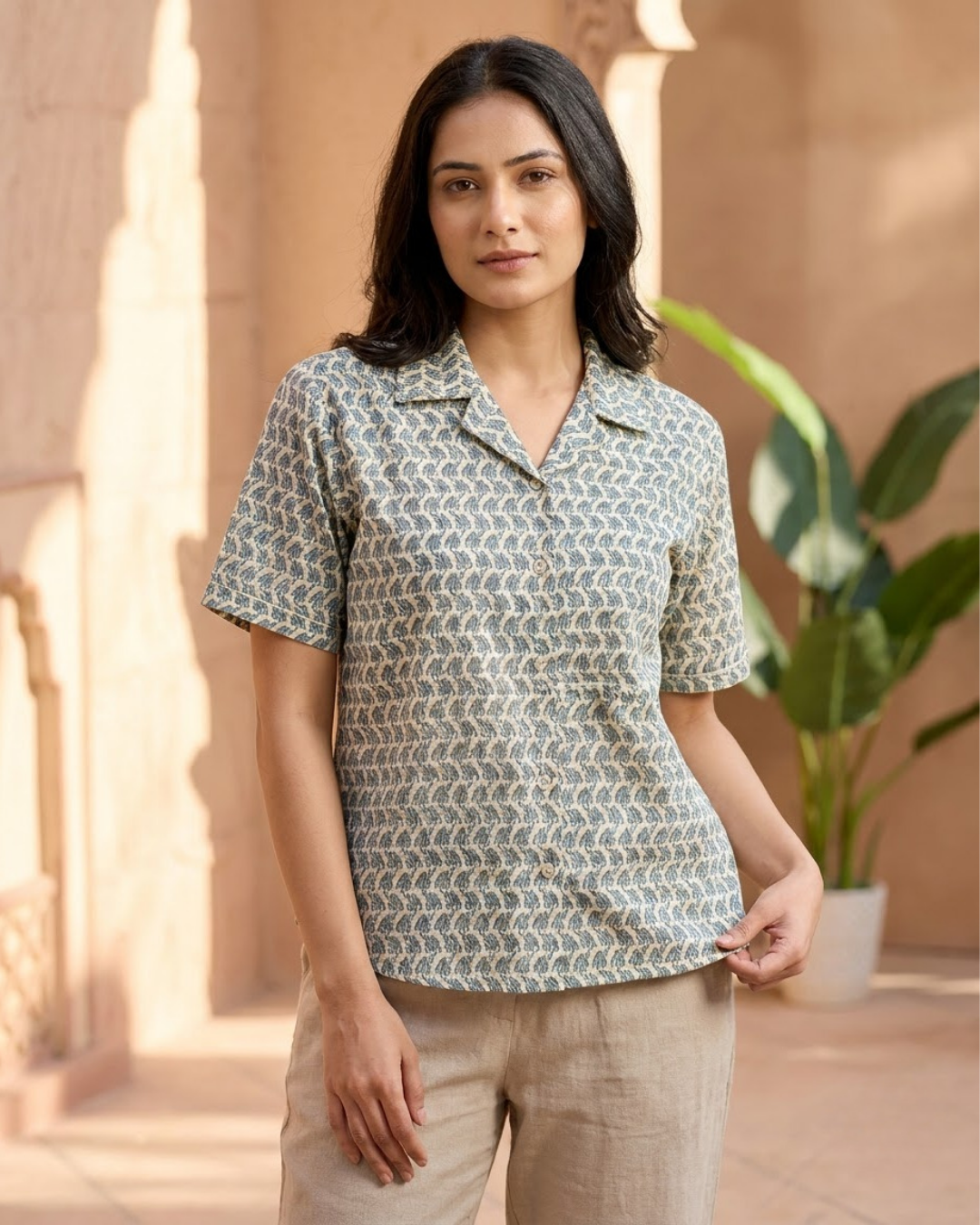 Blue Geometric Wave Print Shirt
