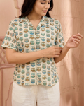 Beige Owl Print Button‑Up Shirt