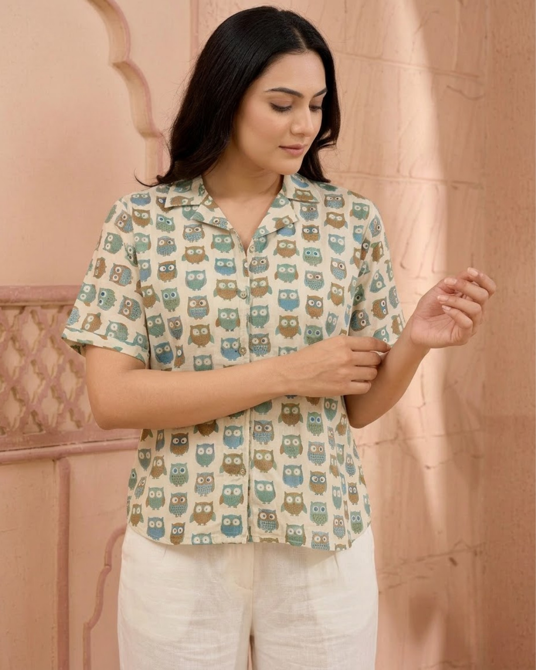 Beige Owl Print Button‑Up Shirt
