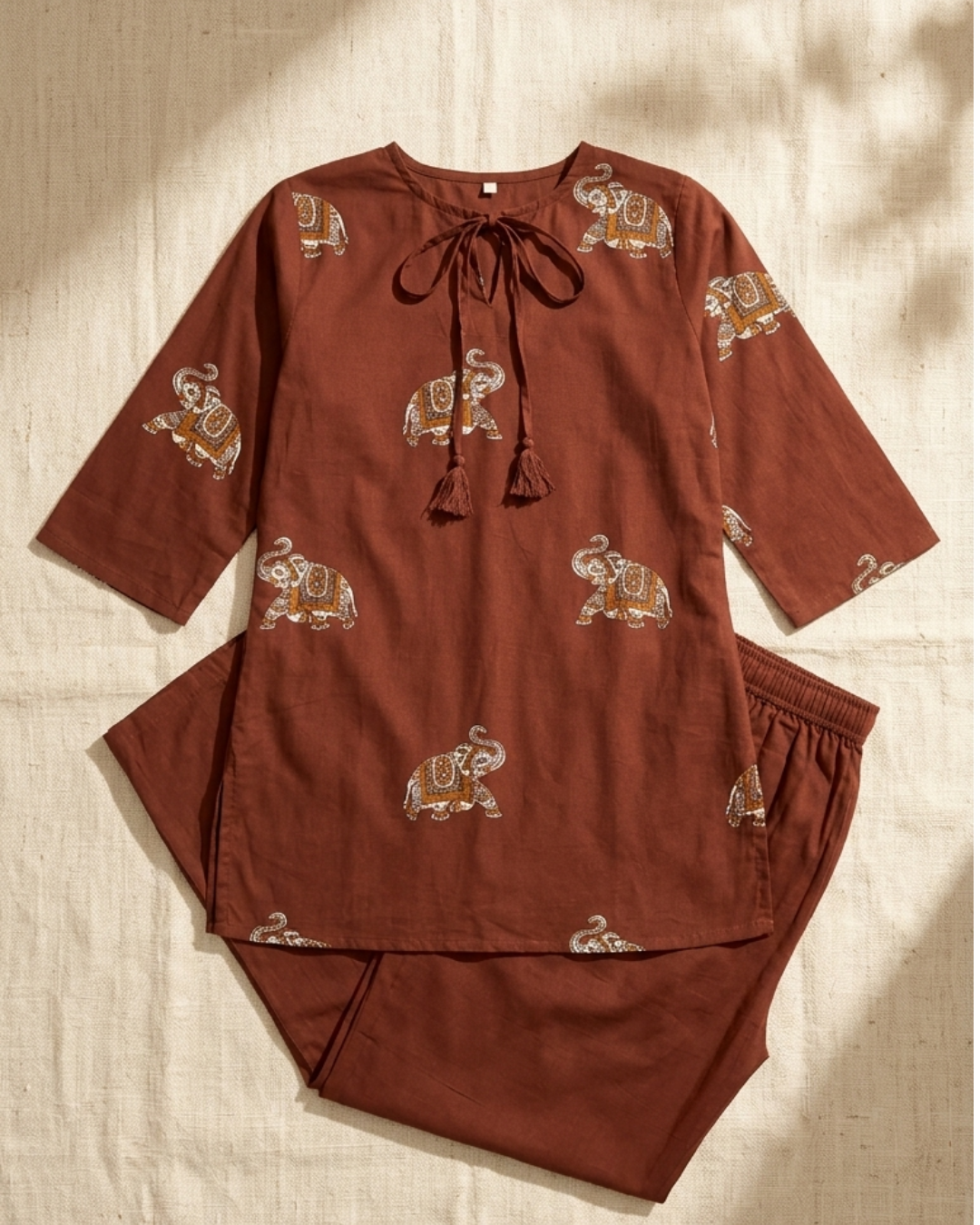Elephant Print Cotton Kurta Pant Set