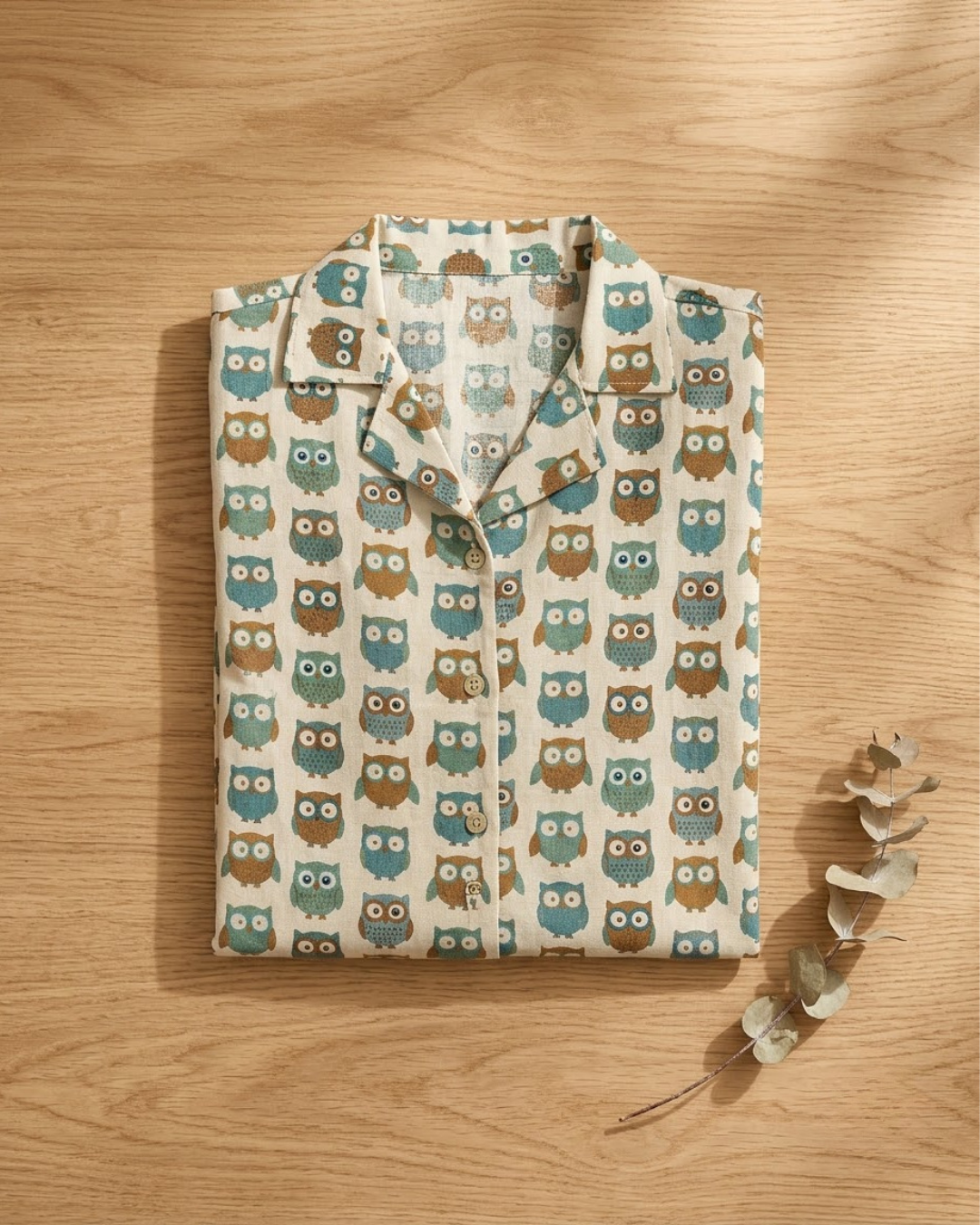 Beige Owl Print Button‑Up Shirt