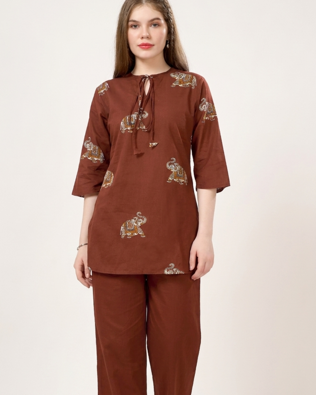 Elephant Print Cotton Kurta Pant Set