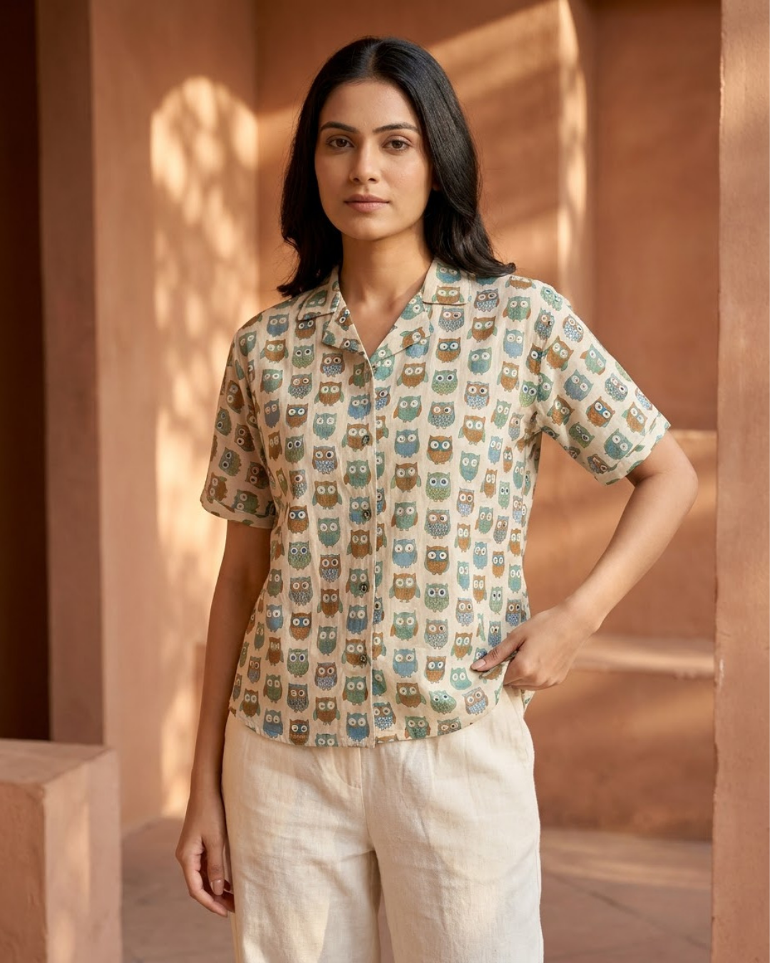 Beige Owl Print Button‑Up Shirt