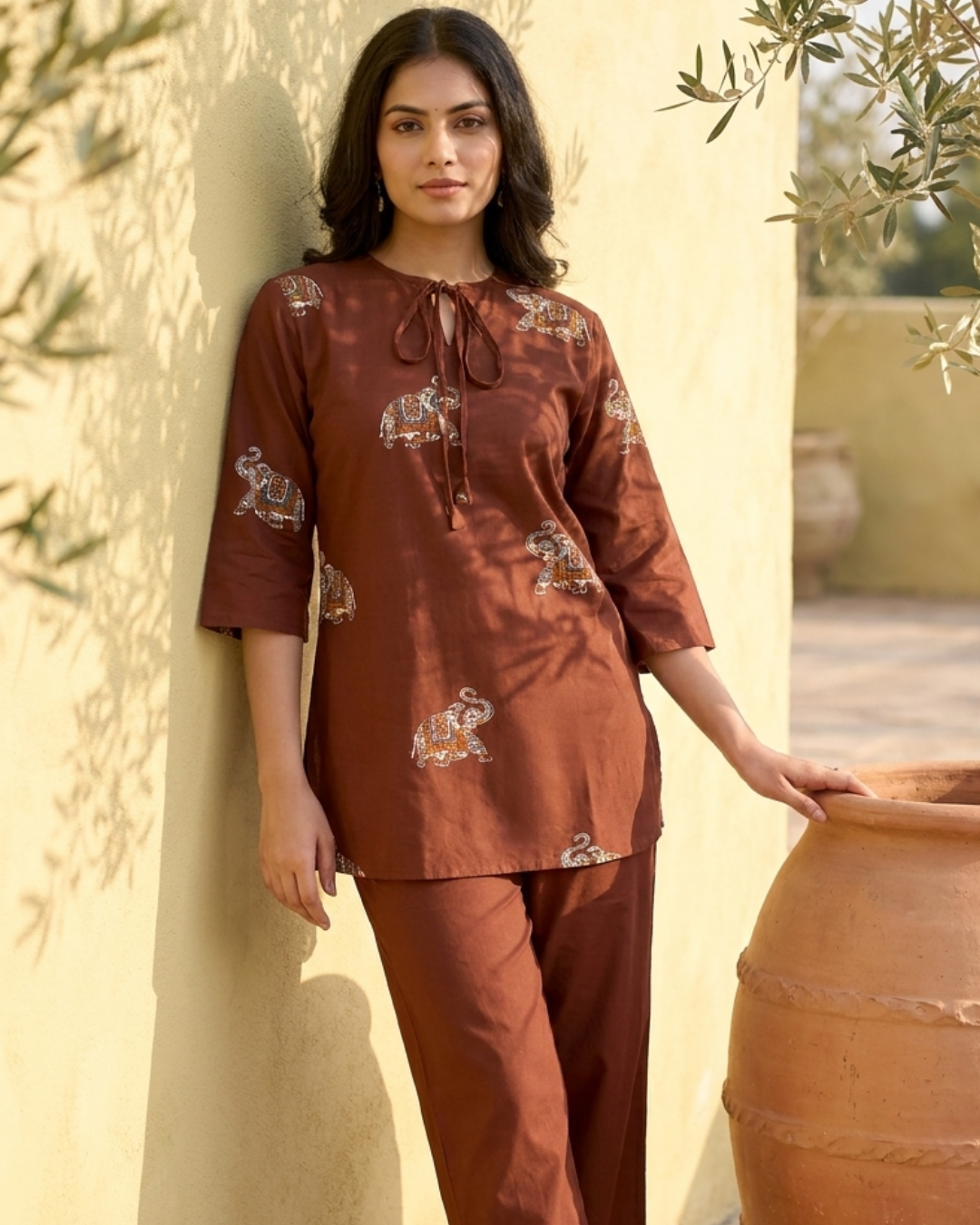 Elephant Print Cotton Kurta Pant Set