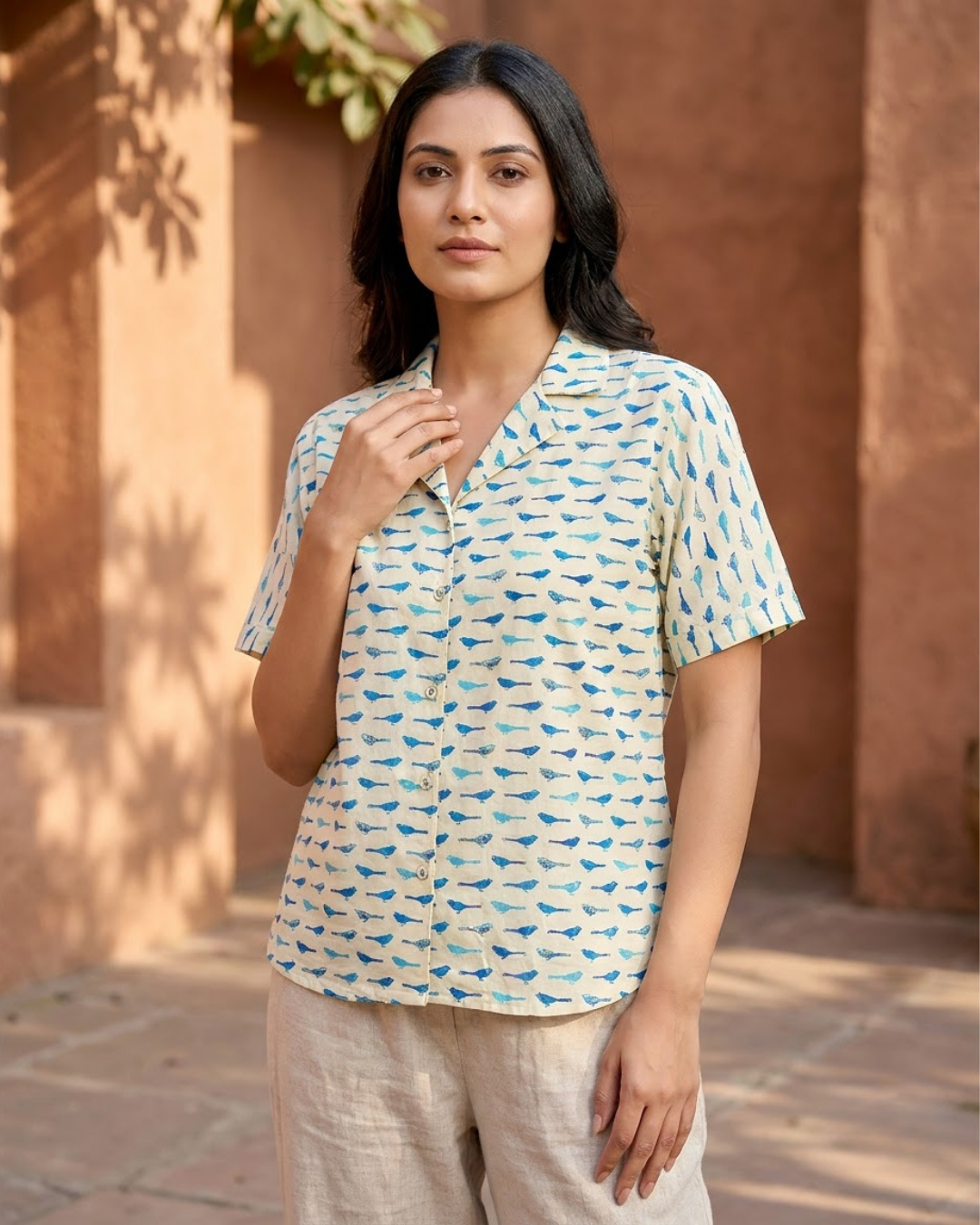 Cream Blue Whale Print Button‑Up Shirt
