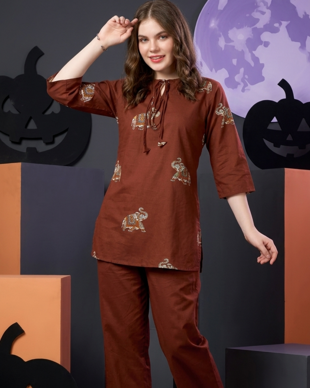 Elephant Print Cotton Kurta Pant Set