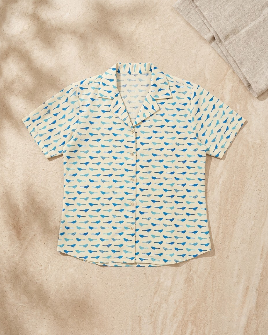 Cream Blue Whale Print Button‑Up Shirt