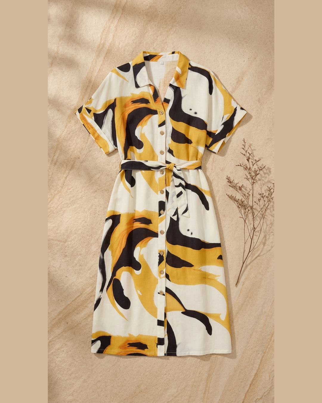Abstract Print Belted Shirt Dress