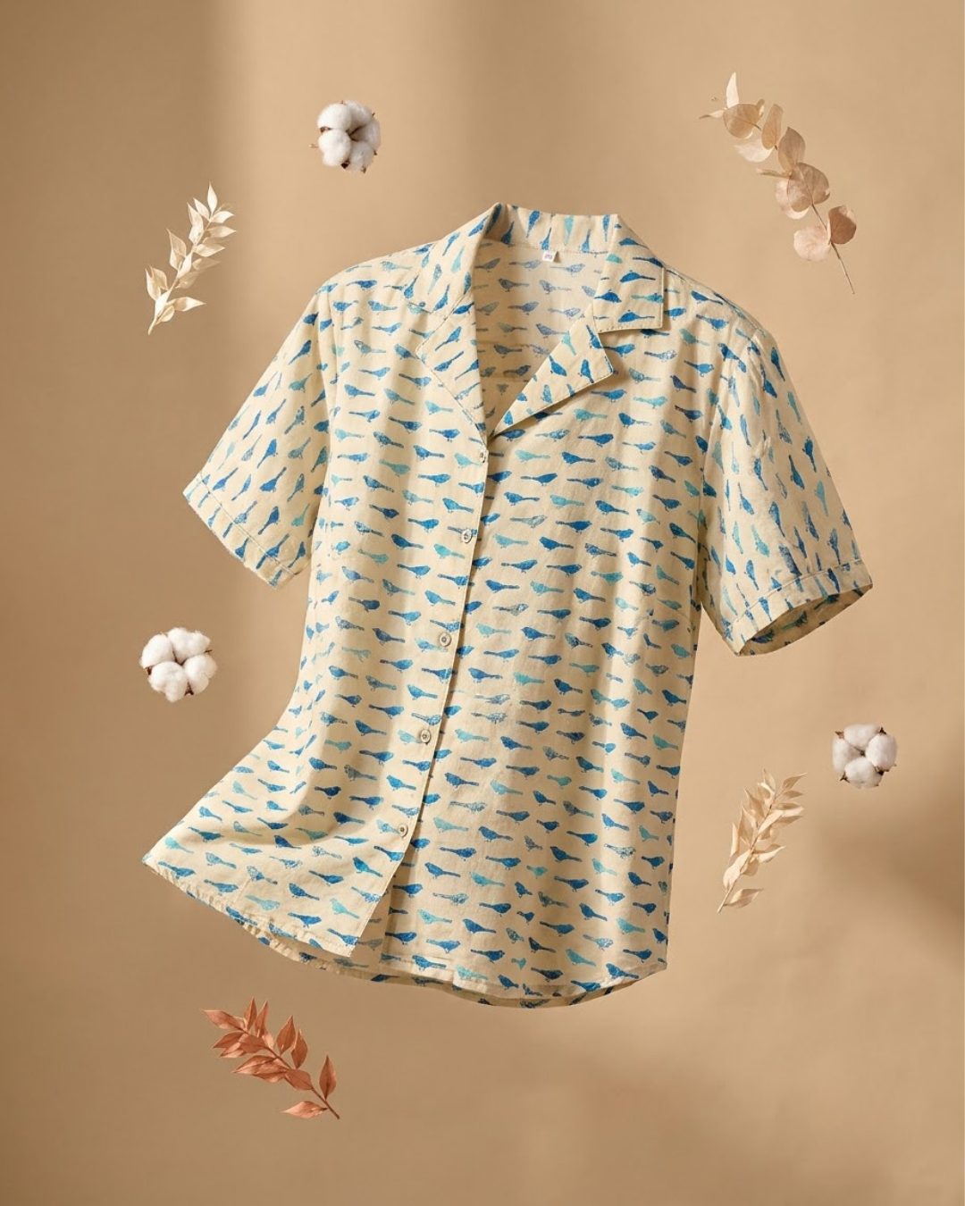 Cream Blue Whale Print Button‑Up Shirt