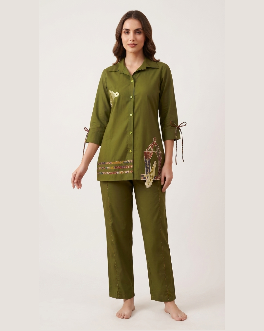 Olive Bird Motif Cotton Co-ord Set