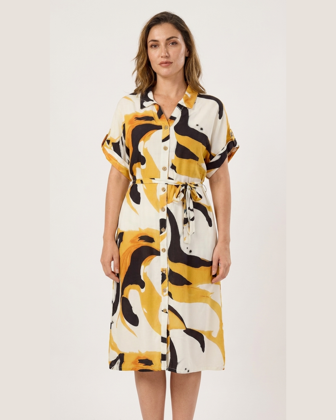 Abstract Print Belted Shirt Dress
