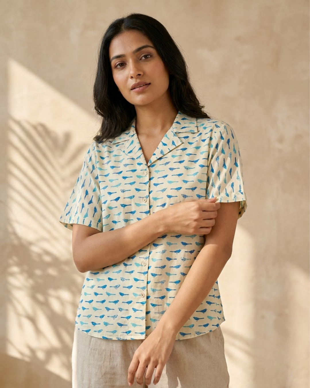 Cream Blue Whale Print Button‑Up Shirt