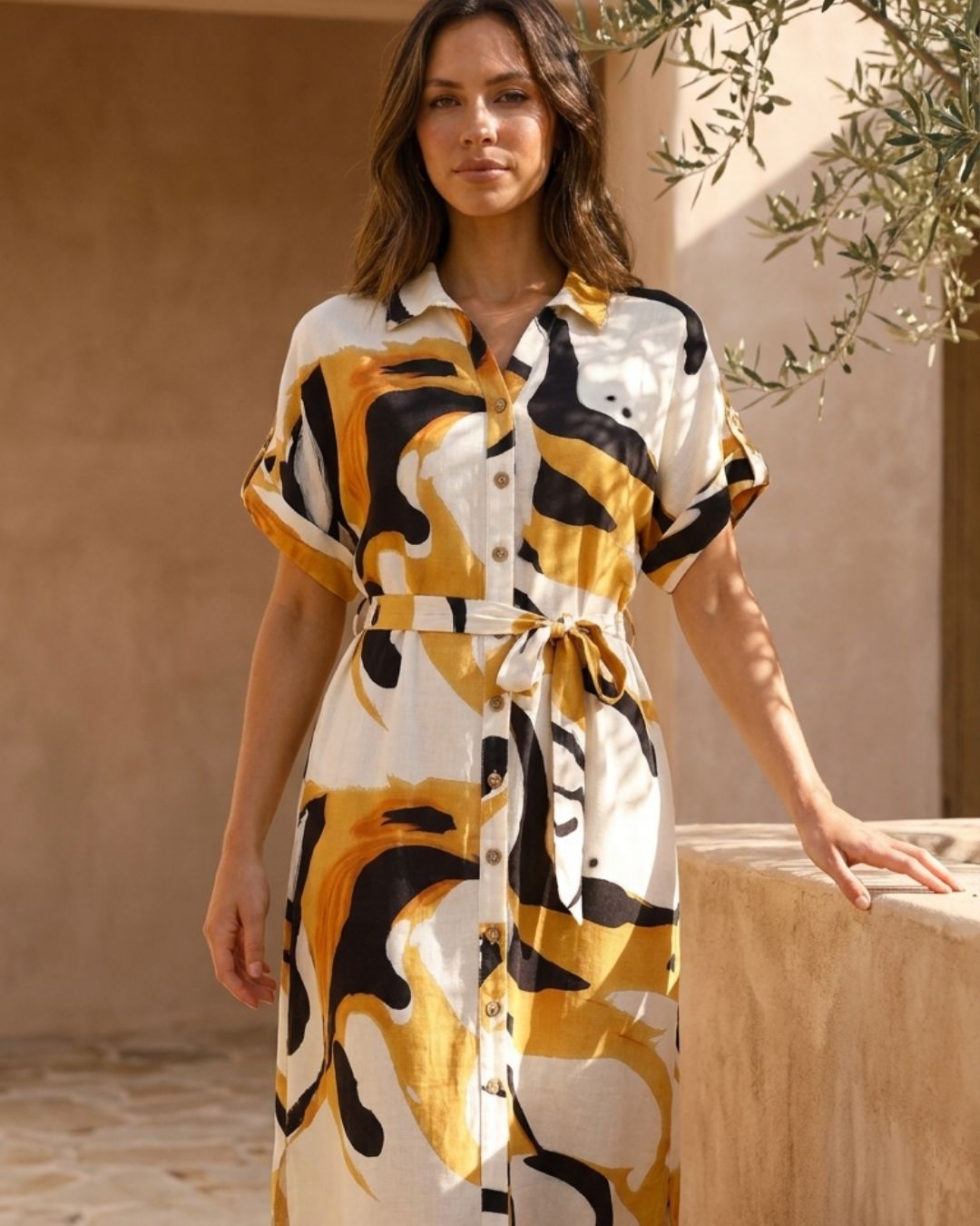 Abstract Print Belted Shirt Dress