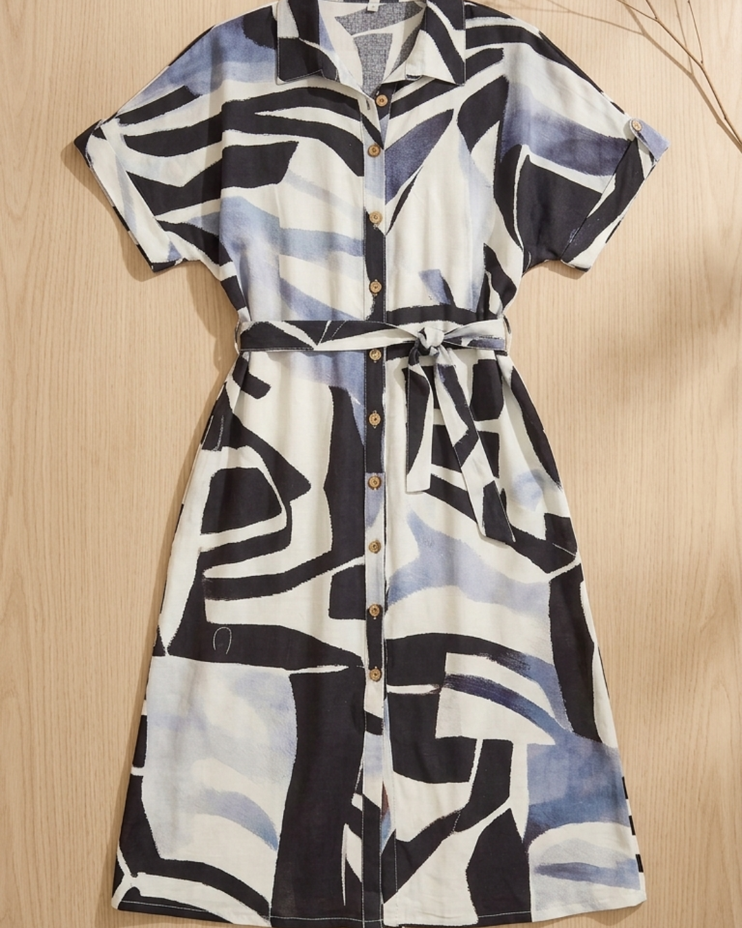Abstract Print Belted Shirt Dress – Blue