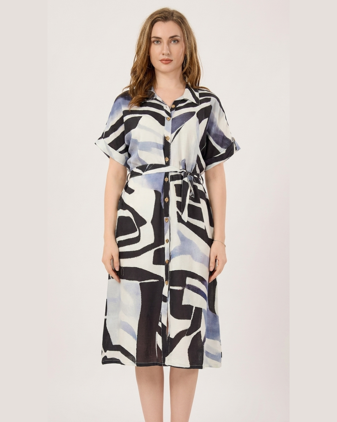 Abstract Print Belted Shirt Dress – Blue