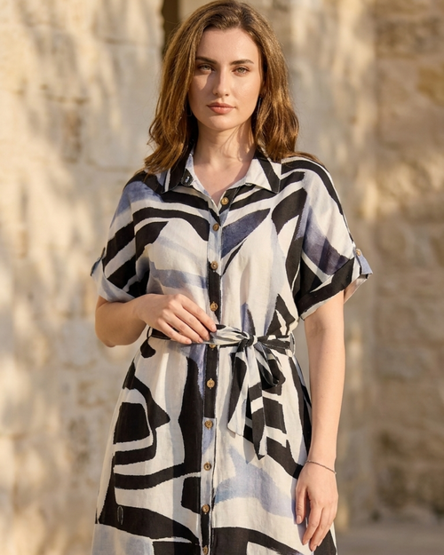 Abstract Print Belted Shirt Dress – Blue