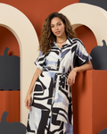 Abstract Print Belted Shirt Dress – Blue