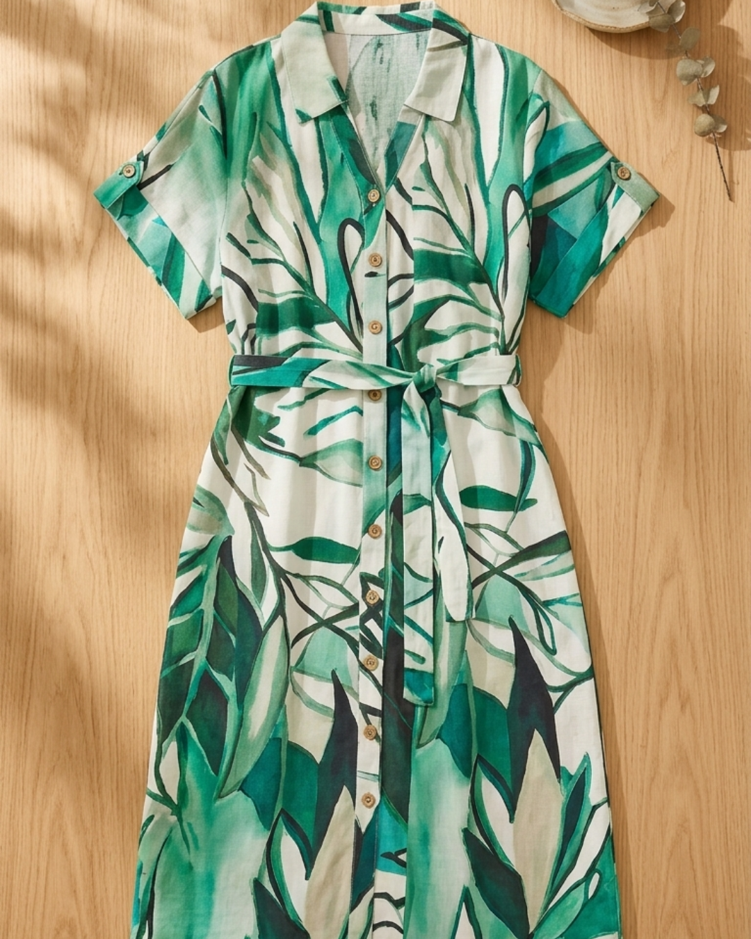 Tropical Leaf Print Belted Shirt Dress – Green