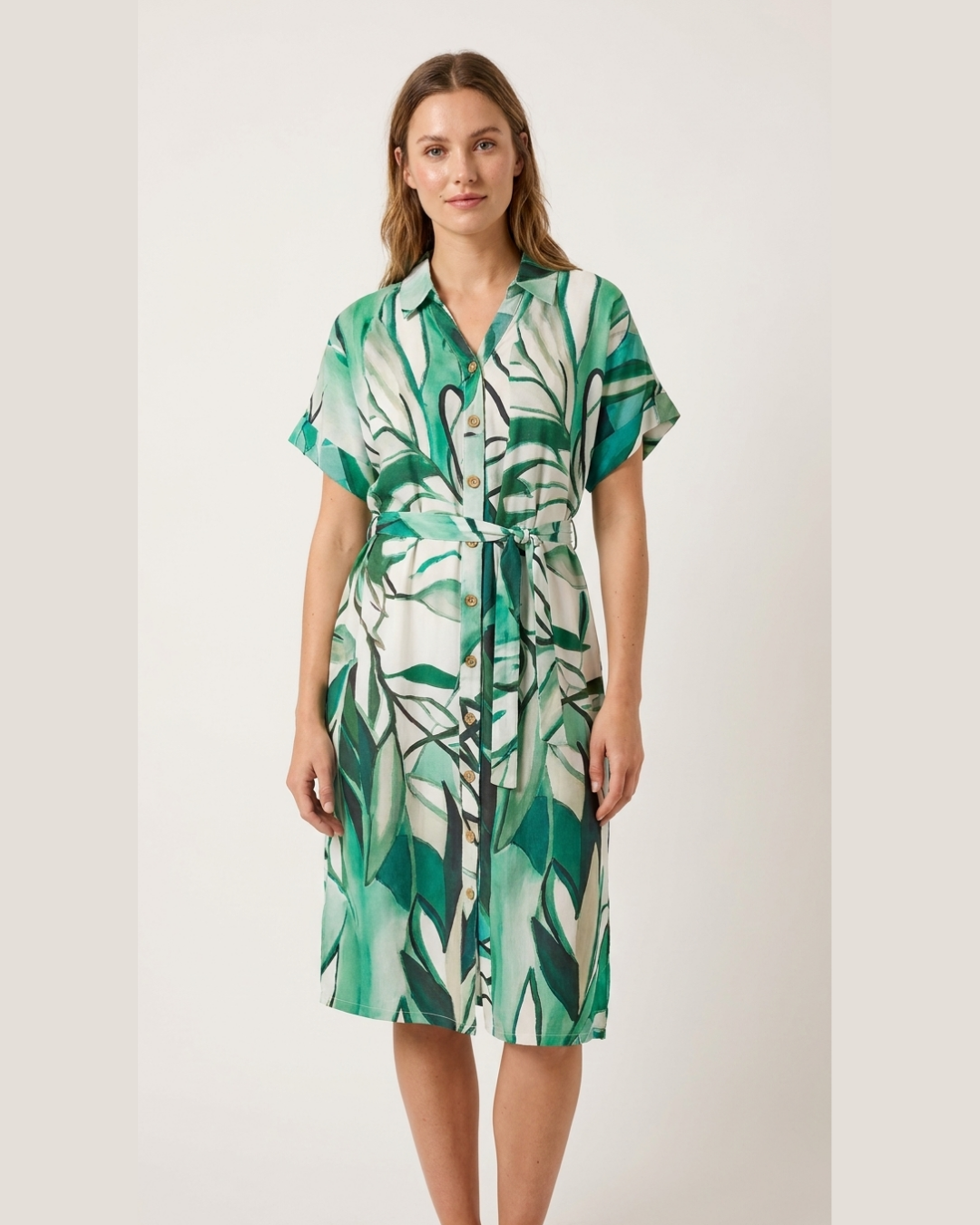Tropical Leaf Print Belted Shirt Dress – Green