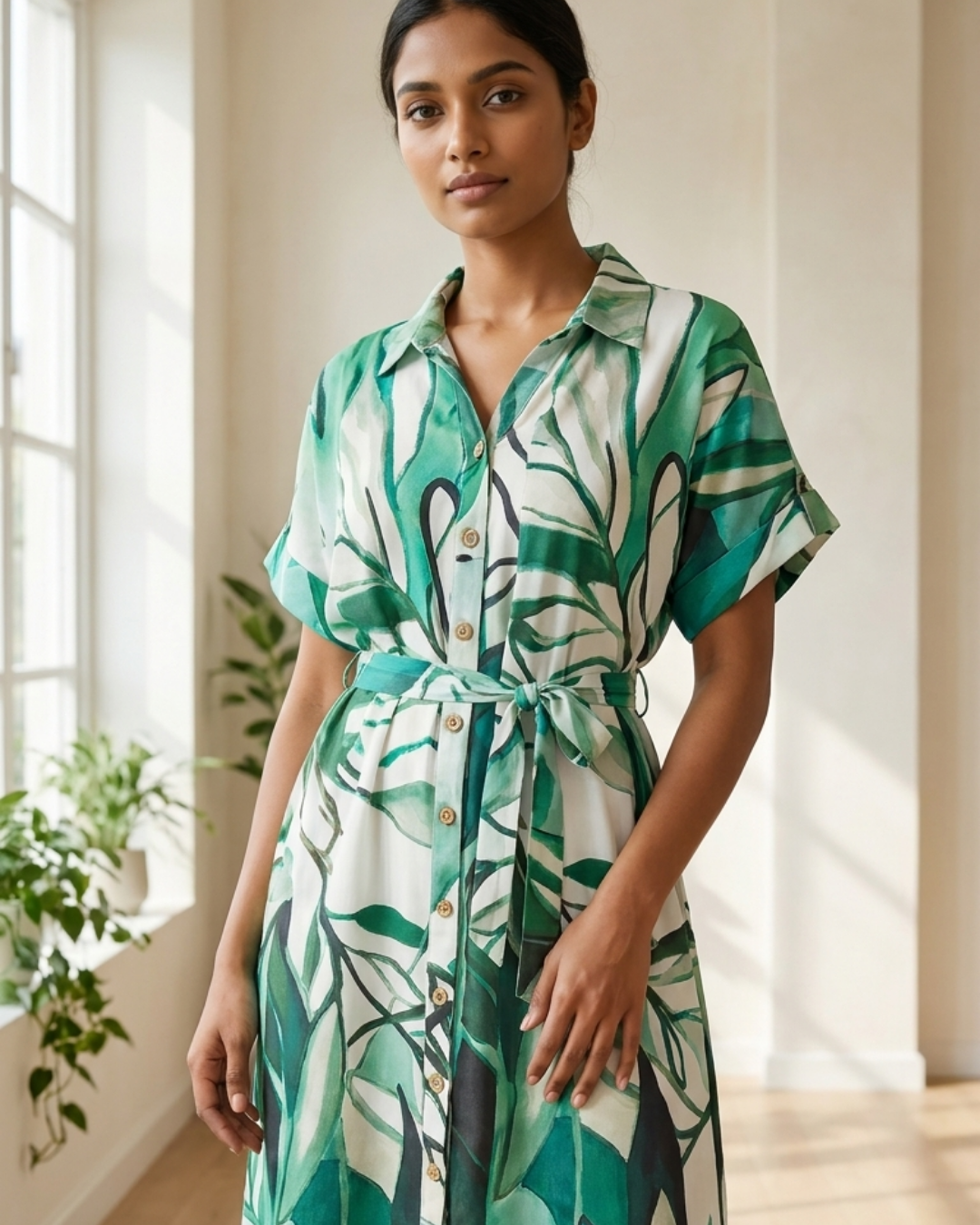 Tropical Leaf Print Belted Shirt Dress – Green