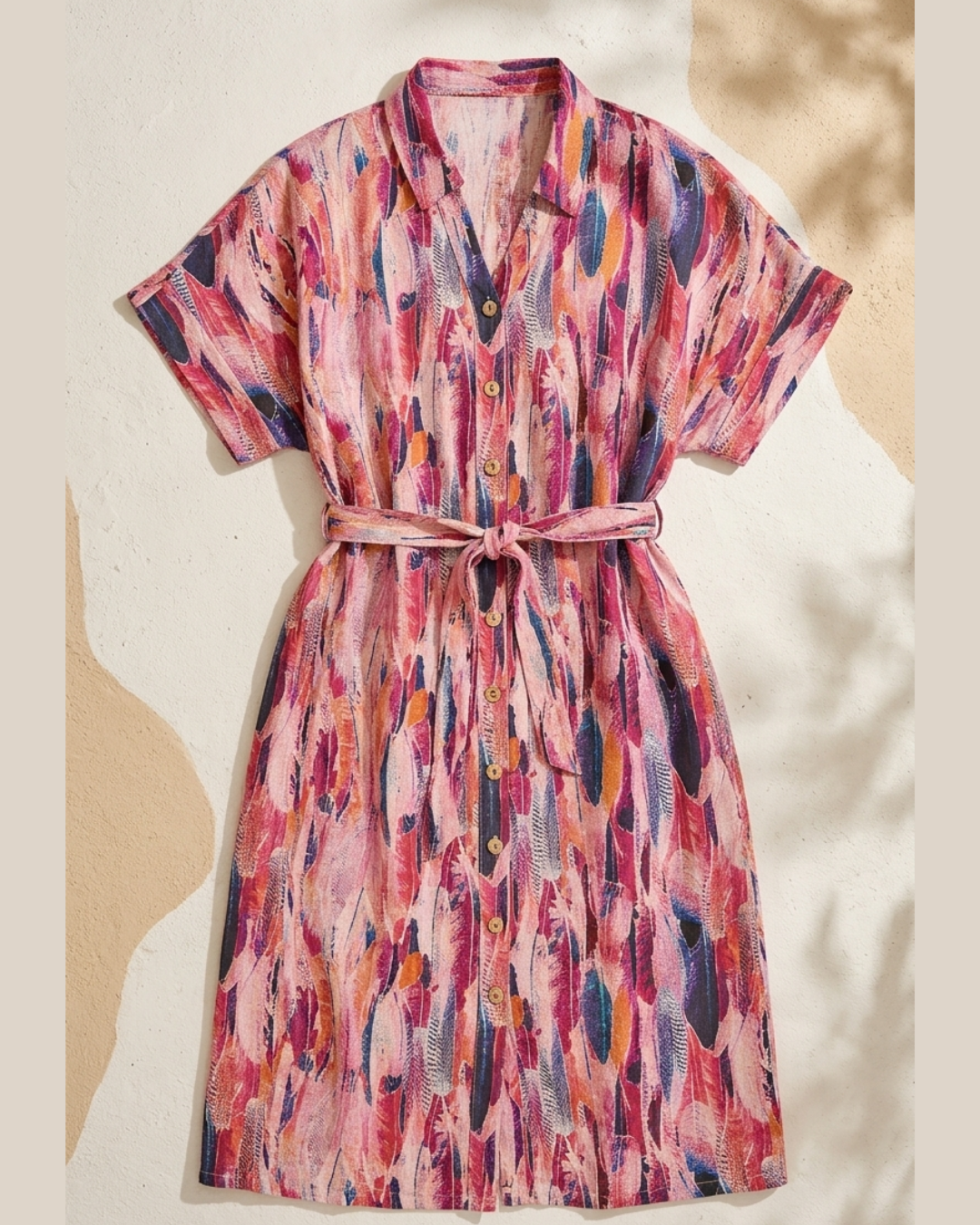 Abstract Print Belted Shirt Dress – Pink