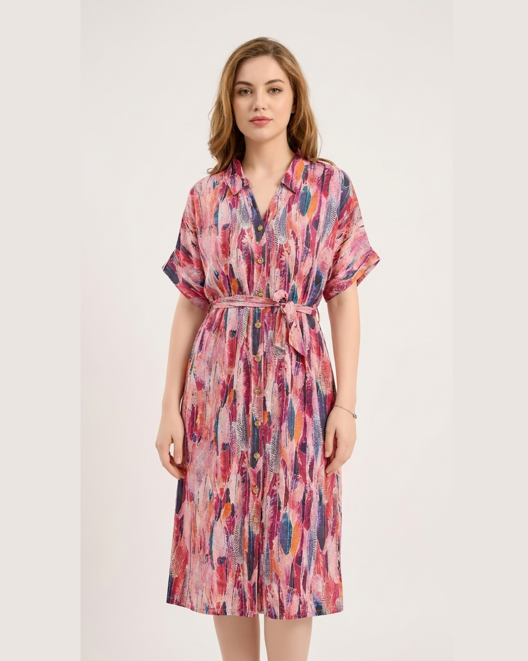 Abstract Print Belted Shirt Dress – Pink