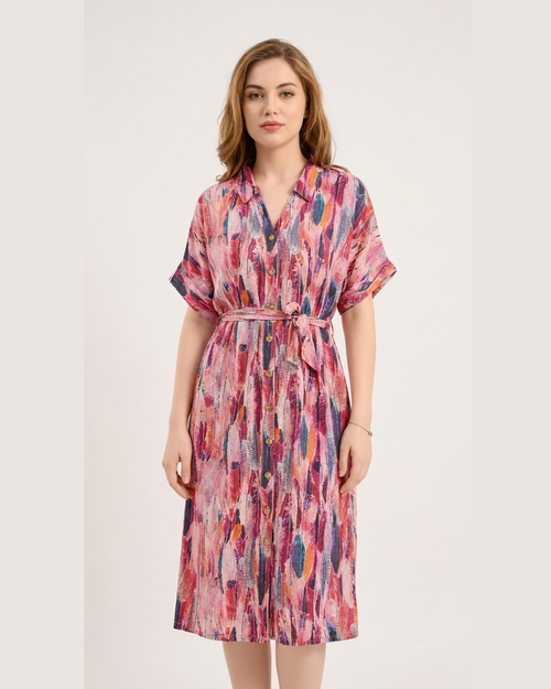 Abstract Print Belted Shirt Dress – Pink