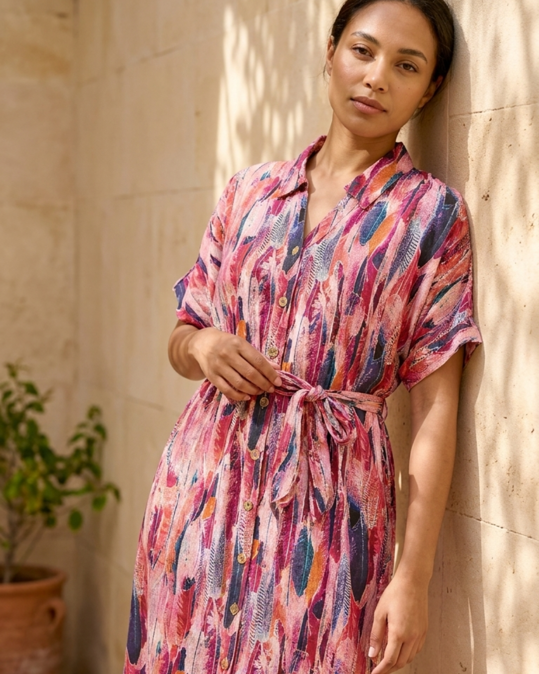 Abstract Print Belted Shirt Dress – Pink