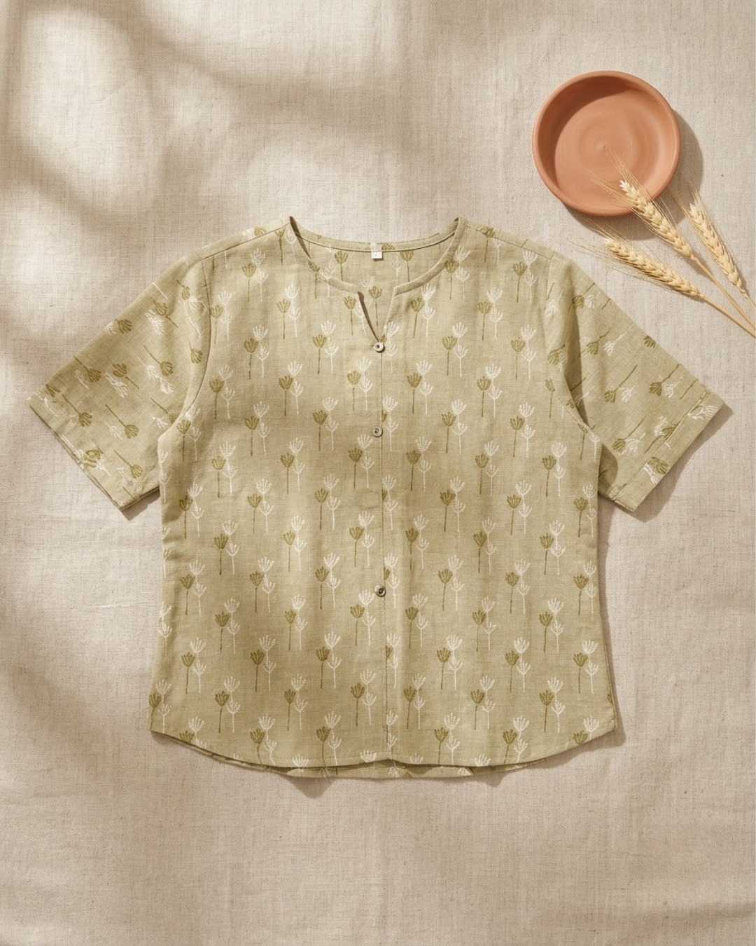 Beige Floral Motif Button‑Up Shirt