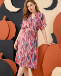 Abstract Print Belted Shirt Dress – Pink