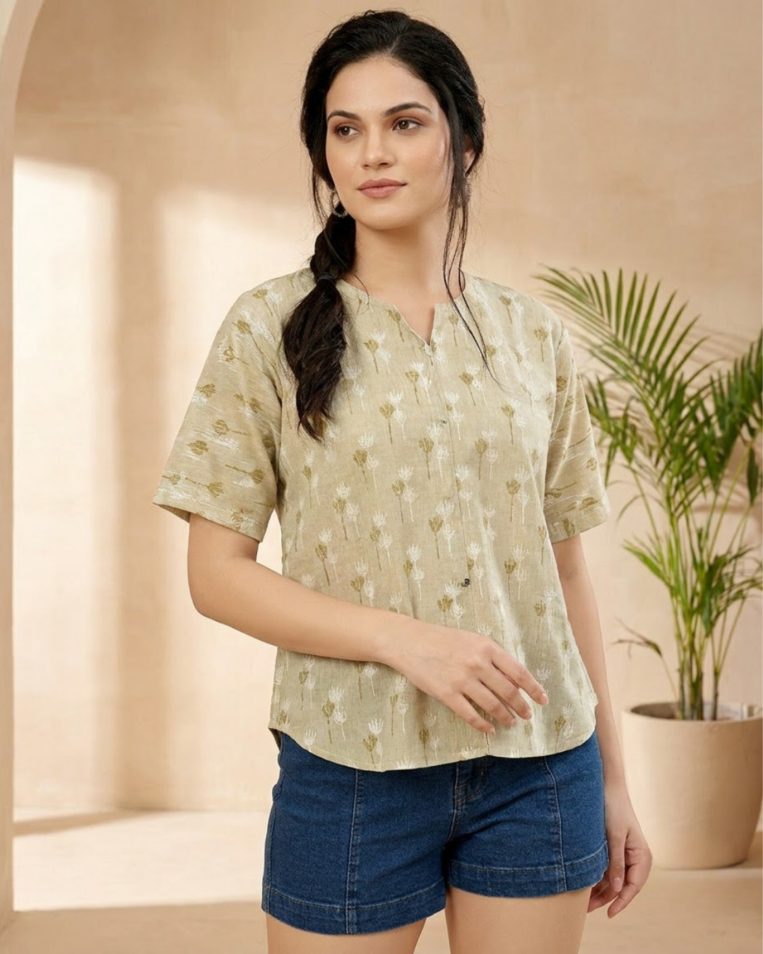 Beige Floral Motif Button‑Up Shirt