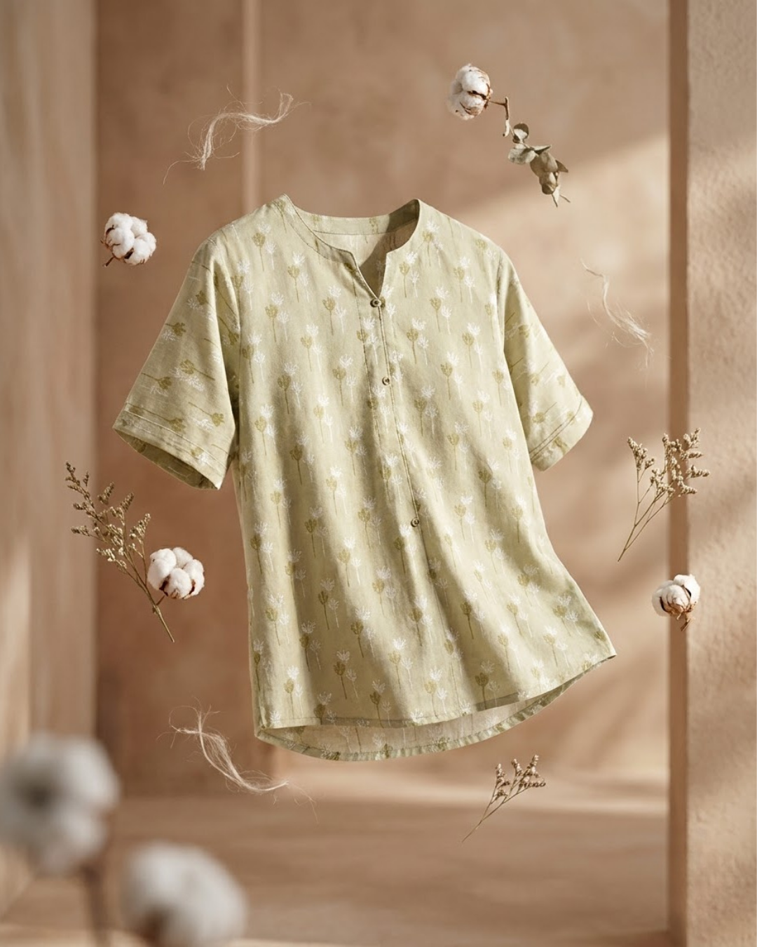 Beige Floral Motif Button‑Up Shirt