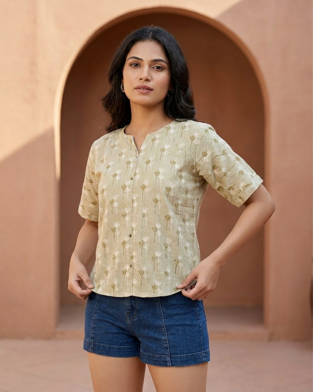 Beige Floral Motif Button‑Up Shirt