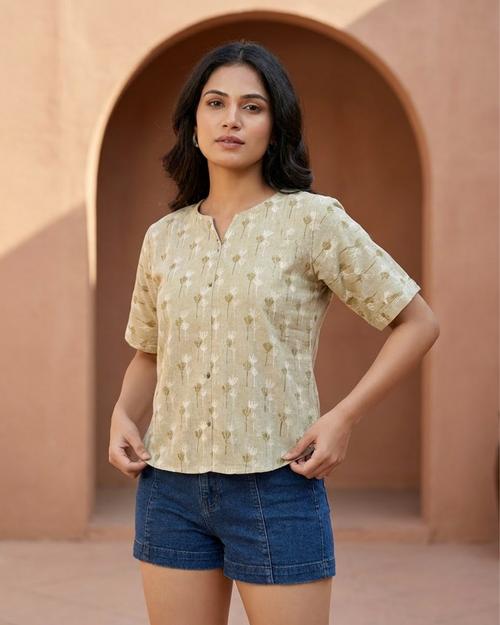 Beige Floral Motif Button‑Up Shirt