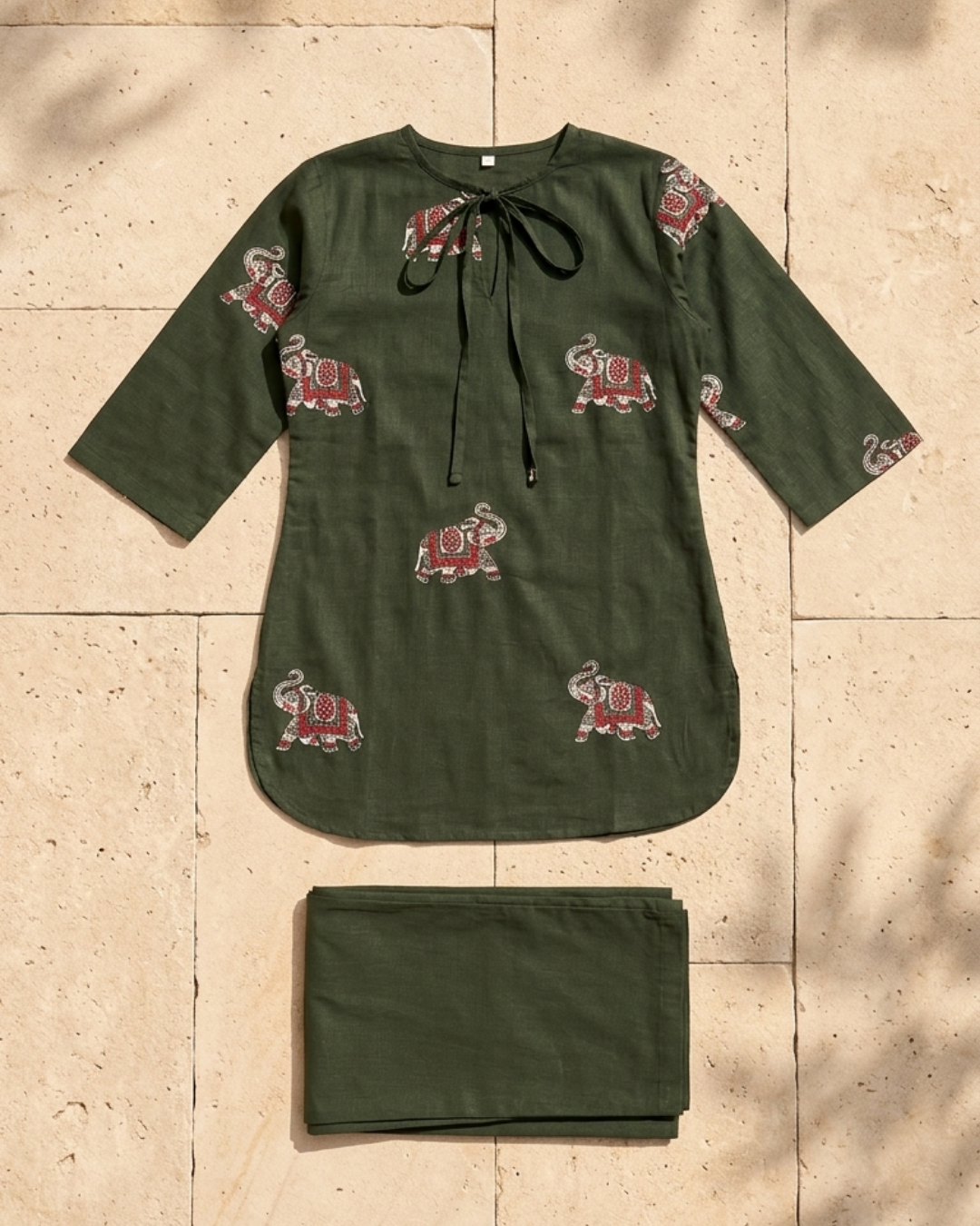 Elephant Print Cotton Kurta Pant Set