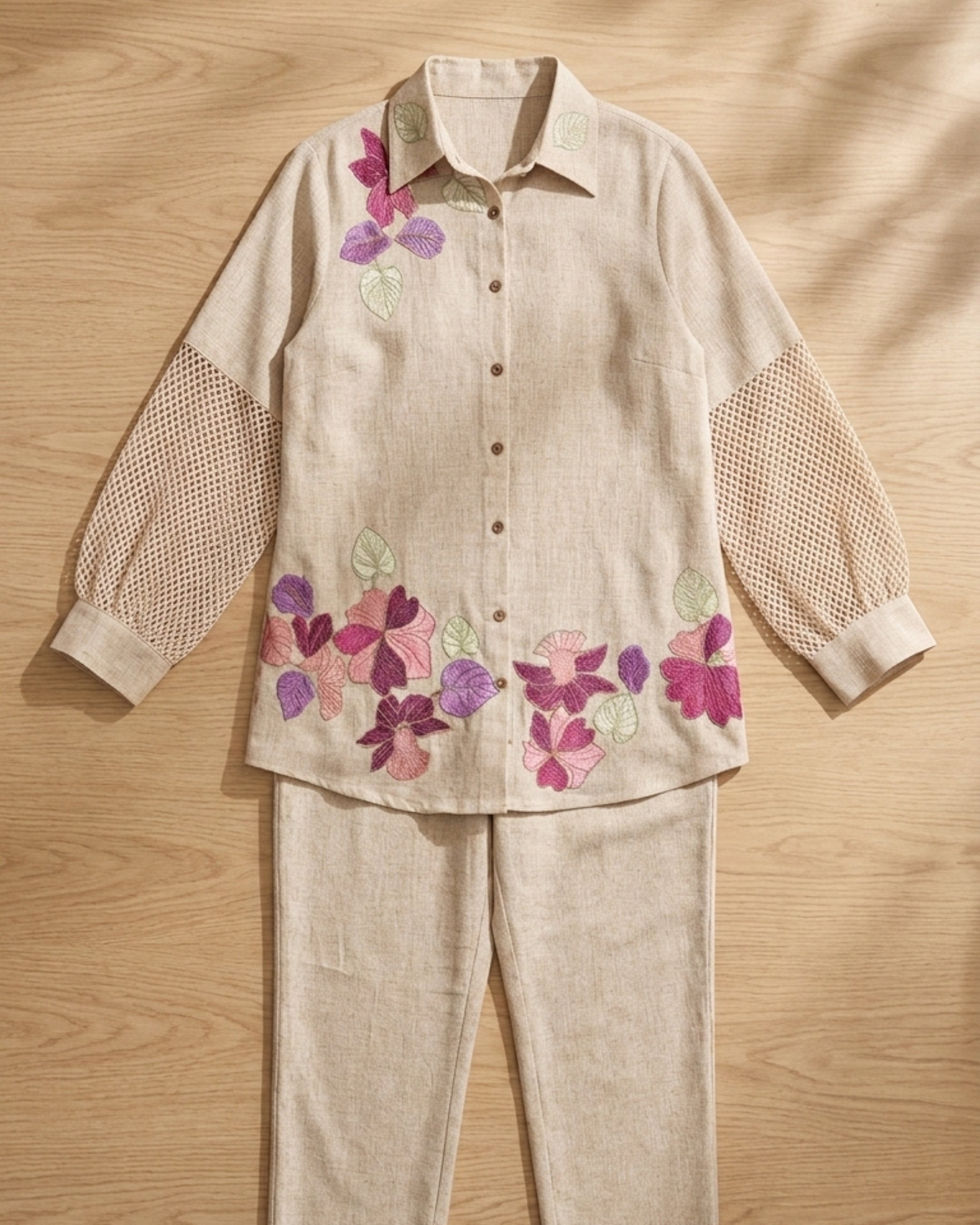 Beige Floral Shirt & Pant Set