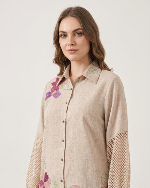 Women's Beige Floral Shirt & Pant Set